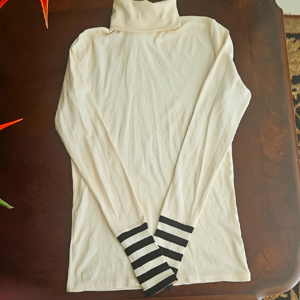Chic Cream Turtleneck with Black Striped Cuffs